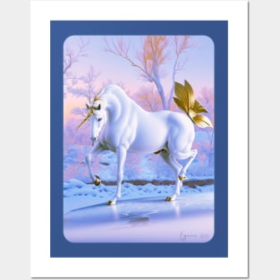 White/Gold  Fantasy Winter UNICORN Posters and Art